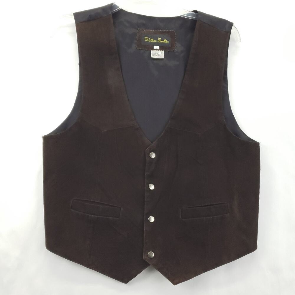 Vintage Western Frontier Vest Waistcoat Mens Large Brown Black Leather Button